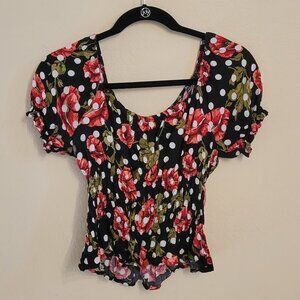 Romeo + Juliet Couture Polka Dot Poppy Floral Milkmaid Top Black White Red Sz M